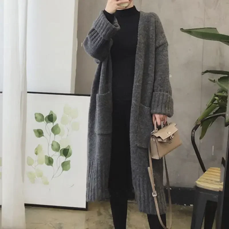 Elegant Pocket Long Knitted Cardigan Women Oversize 80kg Fall Winter Korean Loose Knitwears Coat Thick Warm Casual Sweater Tops