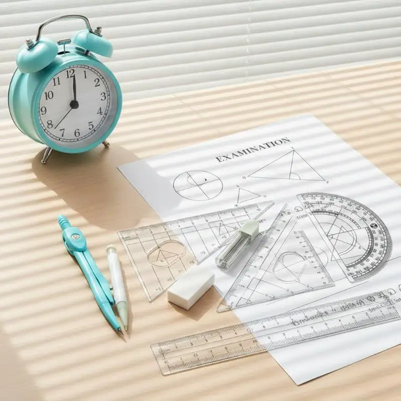8PCS/Set Plastic Ruler Compasses Set Eraser Transparent Protractor Set Square Straight Ruler Measuring Ruler School Office