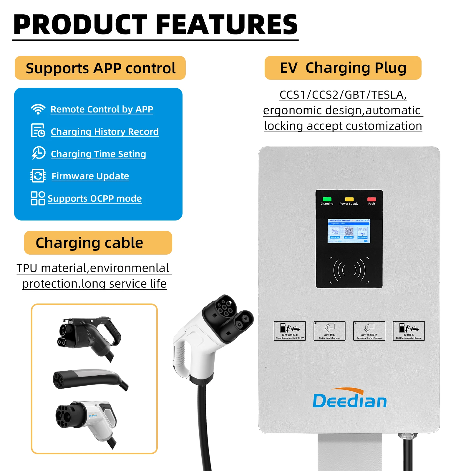 30KW CCS2 Wallbox DC Electric Car Charger New Black And White Fast Charging EV Station Wall-mounted Charge Interface Standard