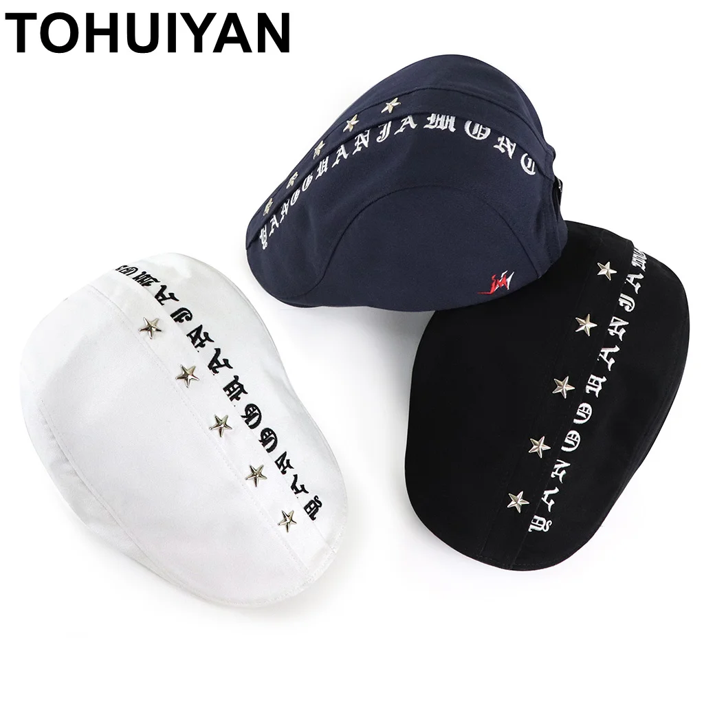 

TOHUIYAN Adult Cotton Newsboy Cap Mens Hats and Caps Summer Autumn Duckbill Hat Women Fashion Ivy Caps Letters Boinas Flat Caps