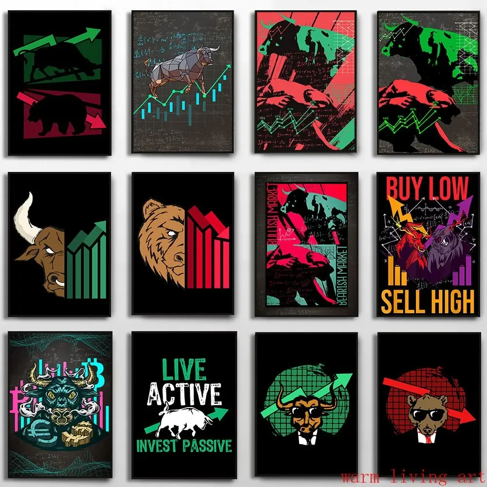 Póster de lienzo indolingbull and Bear Market, Impresión de arte de pared inspiradora, comercio de existencias, decoración de sala de estar