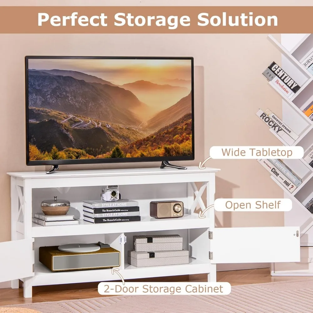 حامل تلفزيون Giantex مع مخرج طاقة لأجهزة التلفاز حتى 50 بوصة، مركز ترفيه مع خزانة ببابين، رف تخزين، فتحتان للكابل