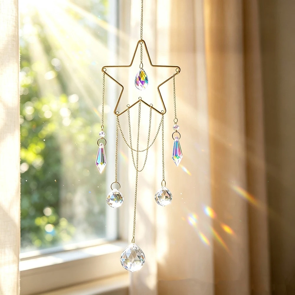 Brass Star Suncatcher Boho Windows Crystal Mobile Hanging Prism Ball Icicle Drop Pendant Rainbow Maker Dreamy Whimsical Decor