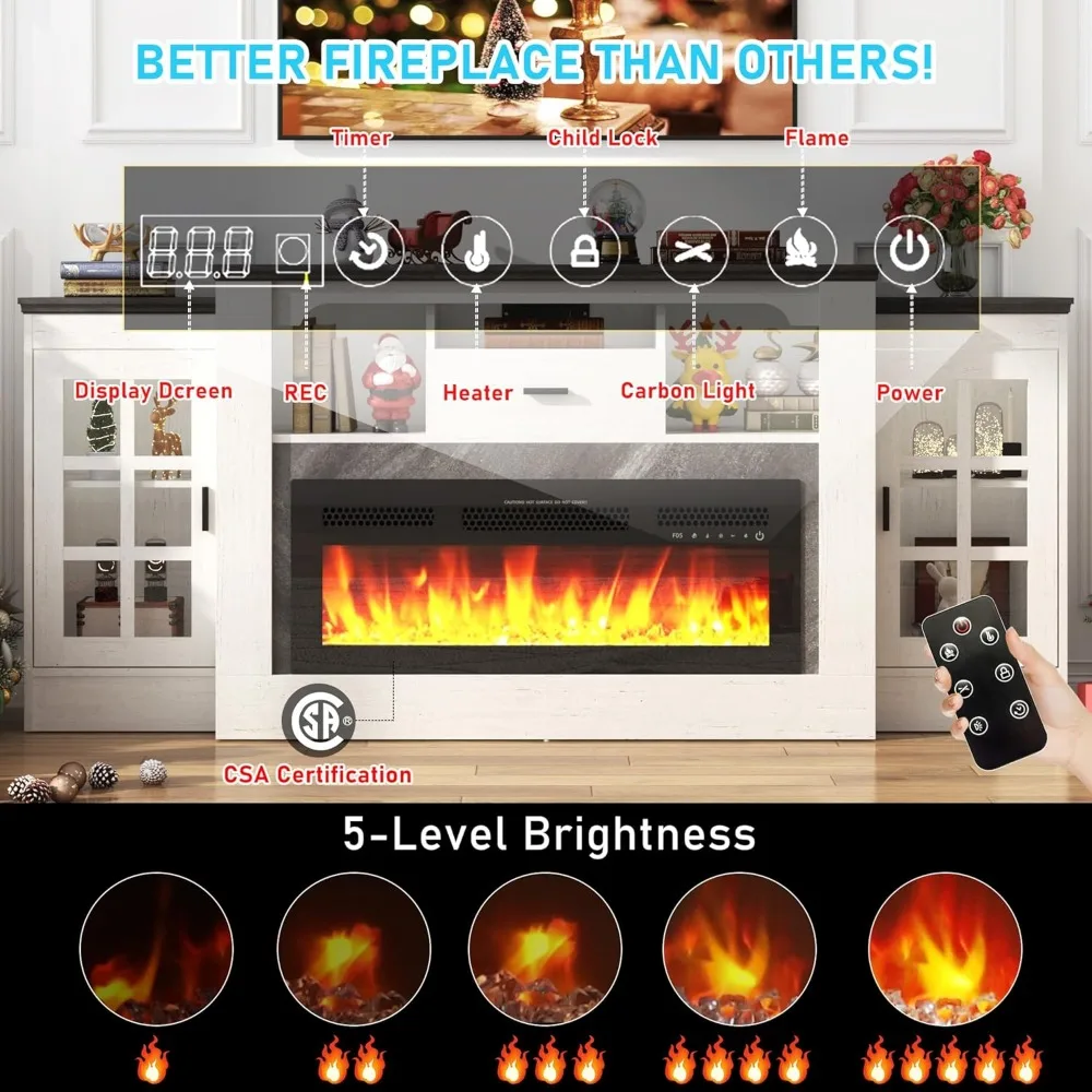 مدفأة كهربائية 75 بوصة مع رف مع منافذ طاقة لتلفزيون 70 بوصة، حامل تلفزيون مدفأة المزرعة الطويلة مع سخان وجهاز تحكم عن بعد، أ