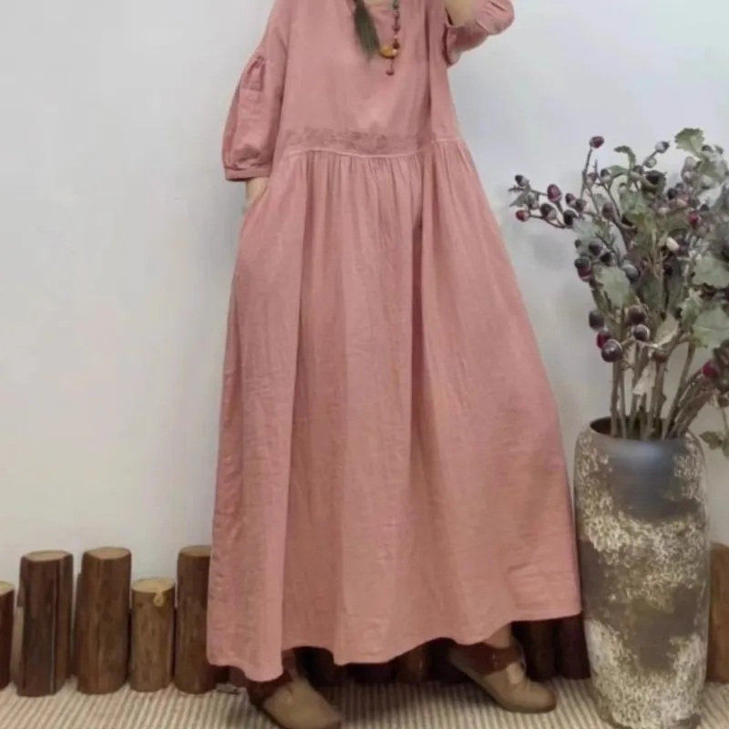 Johnature Vintage ปักผ้าฝ้ายชุด 2025 ฤดูร้อนใหม่ญี่ปุ่นหลวม 6 สีชุดสตรี