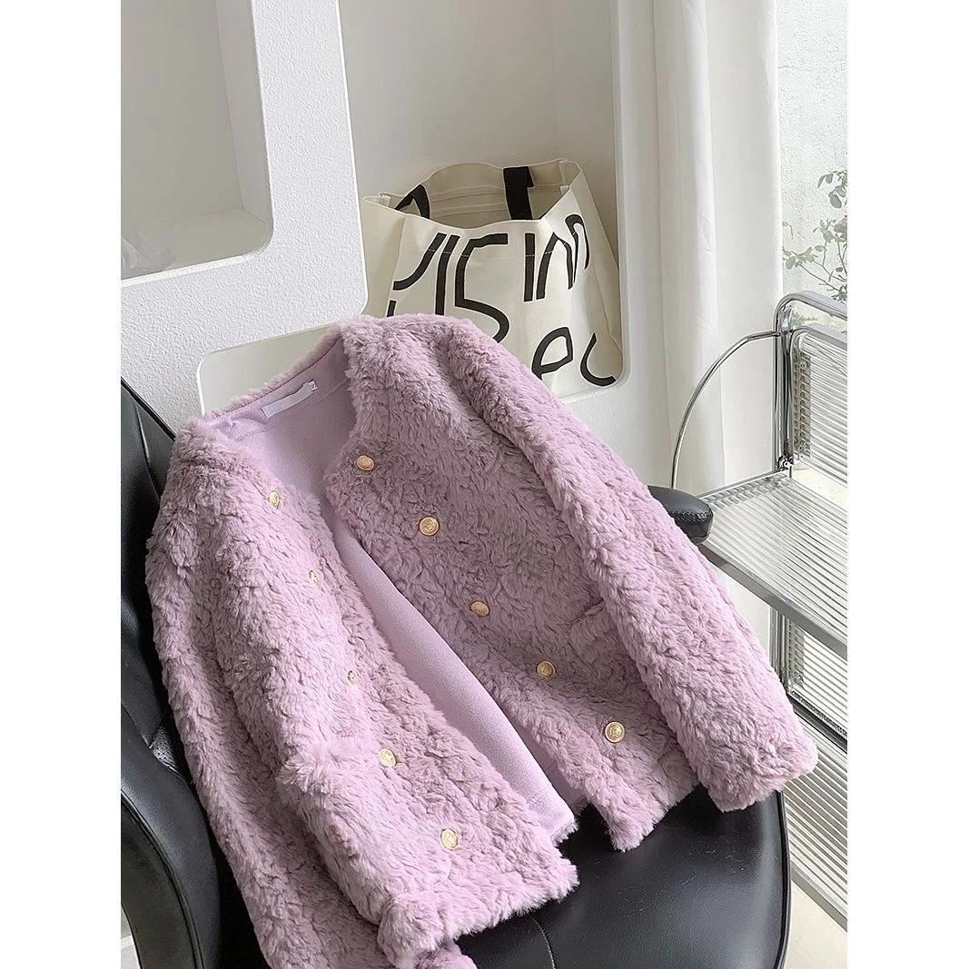 Thiened Zweireiher Kaninchenfell Jaet Damen Faionable Herbst Winter Warme Oberbekleidung Small Fraance Sle