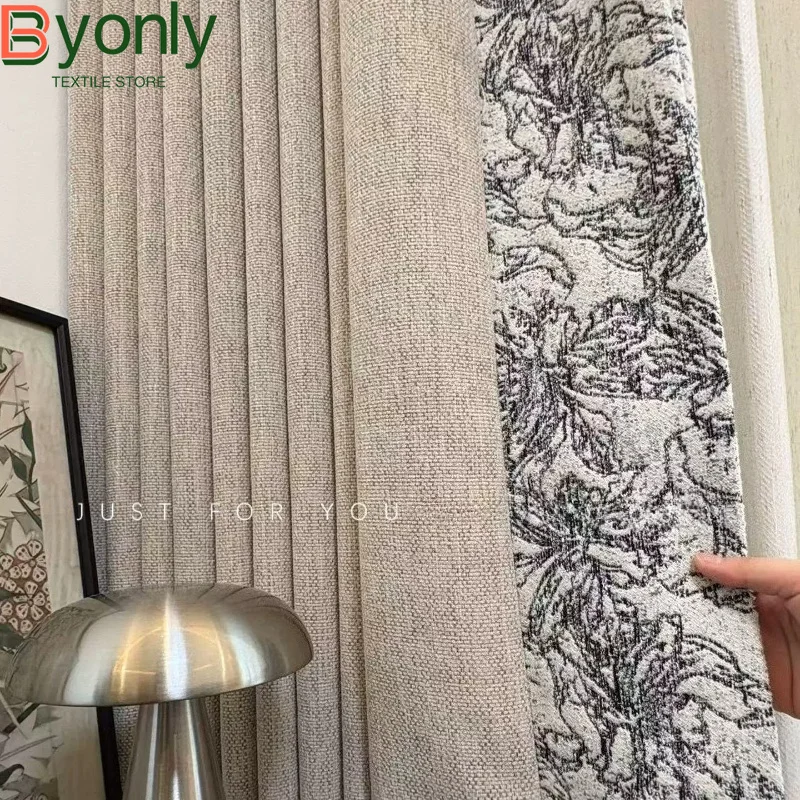 Black and White Lines Jacquard Stitching Chenille Cotton Blackout Curtains for Living Room Bedroom French Window Customized