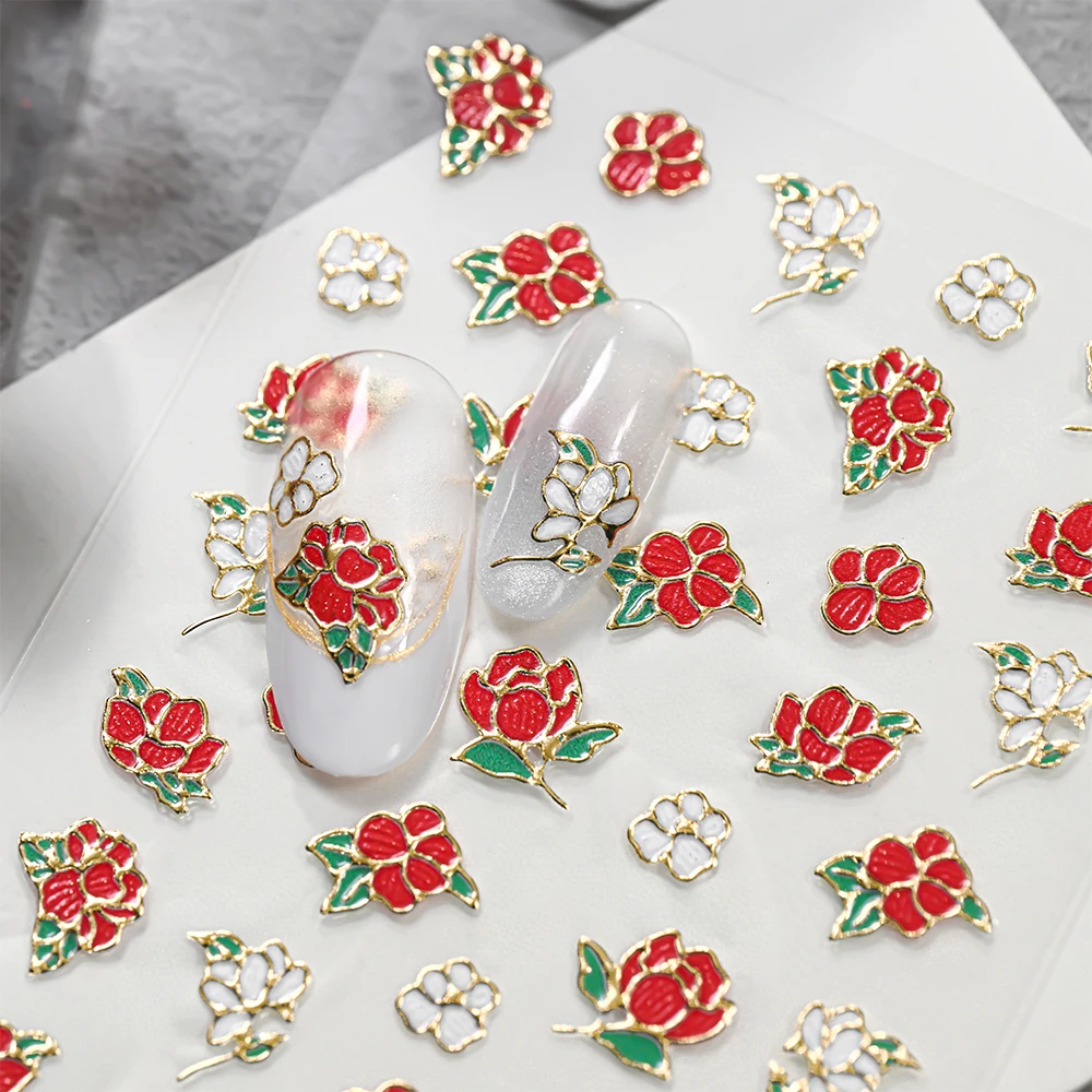 

1 шт. 5D наклейки для ногтей с красно-белым эмалевым пионом, бронзированные цветочные самоклеящиеся стикеры для маникюра, китайский роскошный декор для ногтей с цветами