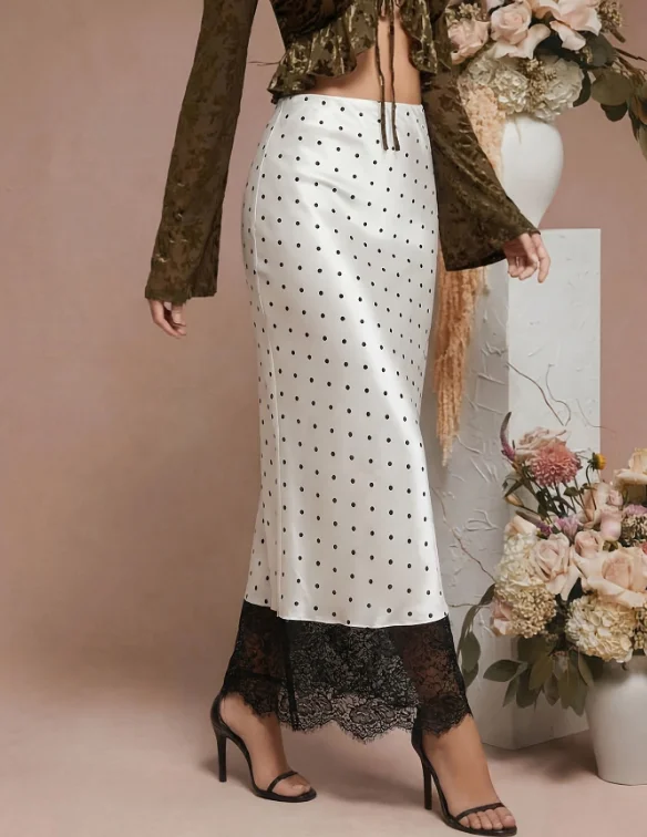 Skirt for Women 2026 Spring Summer New Fashion Polka Dot Print High Waist Lace Patchwork Satin Casual Midi Skirt
