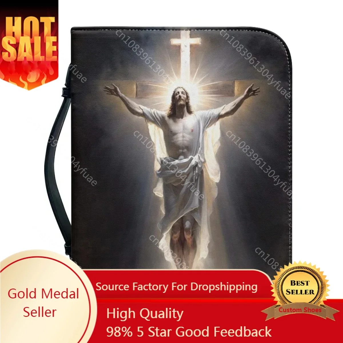 Jesus Pattern Print Bible Cover Case Leather Bible Bag for Women Zipper Handle Handbags Christian Practical Bible Storage Bags