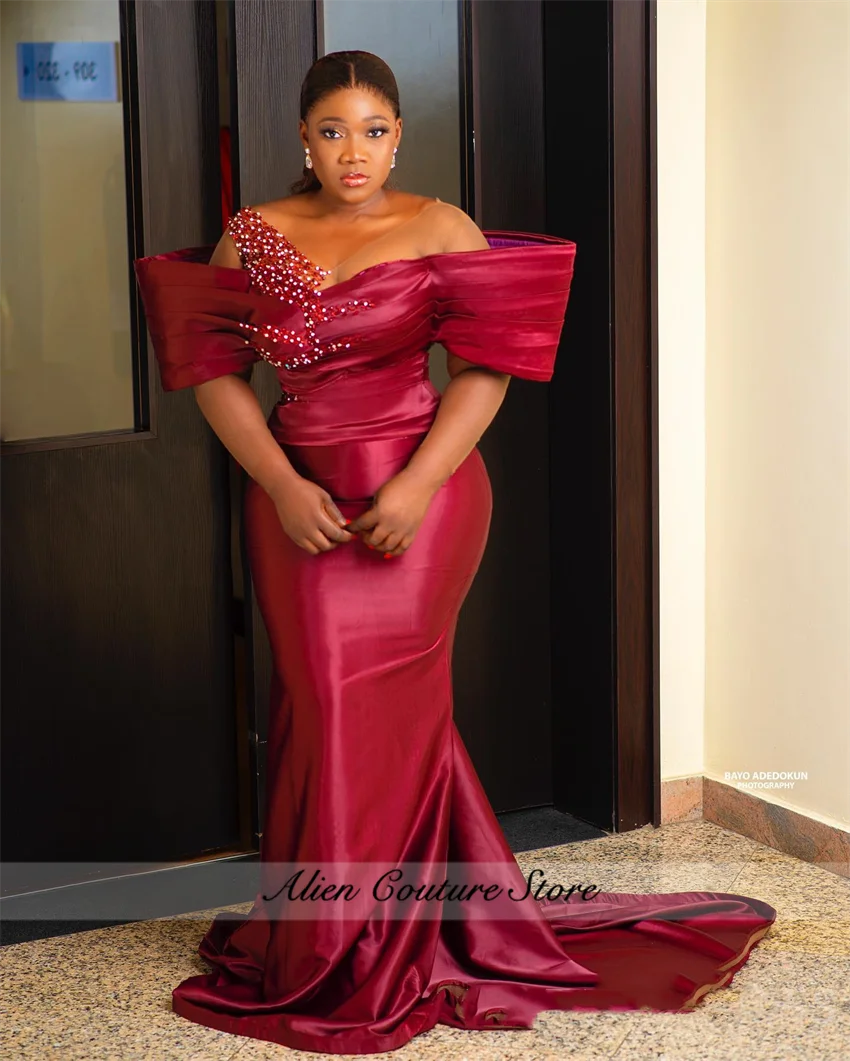 Vestidos de Noche personalizados de talla grande color Burdeos, vestidos elegantes de graduación con cristales, vestidos de fiesta de compromiso con cuentas de sirena Aso Ebi