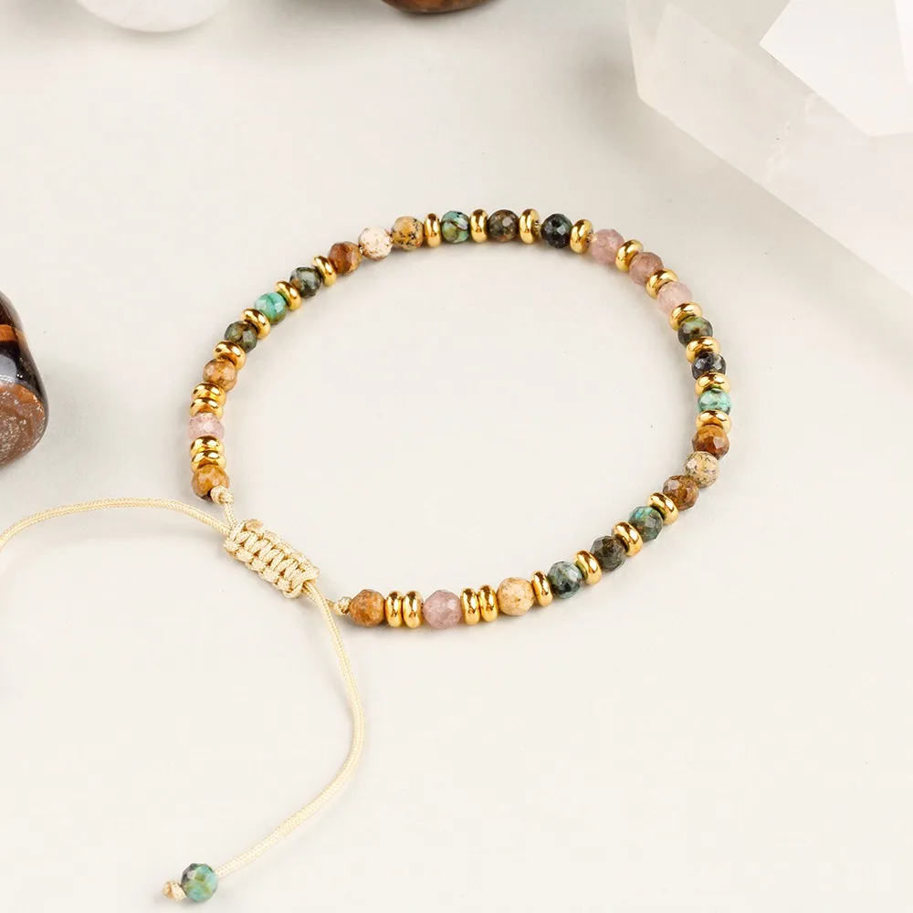 Charm Retro Hand-woven Gold Color Spacer Bead Cut Surface Strawberry Crystal Beaded Adjustable Bracelets for Women Men Jewelry