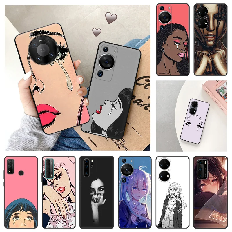 Ultra Thin Soft Case For Huawei P40 P30 Lite P20 P Smart Moto G200 G30 G31 One Fusion Cartoon Sad Tearful Girl Black Back Cover