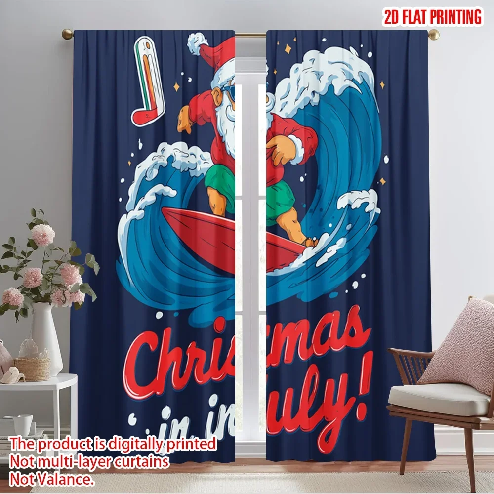 2pcs,2D plane printing Curtains Digital Printed Surfing Santa & Reindeer Versatile Polyester Fabric (without rod) All Seasons