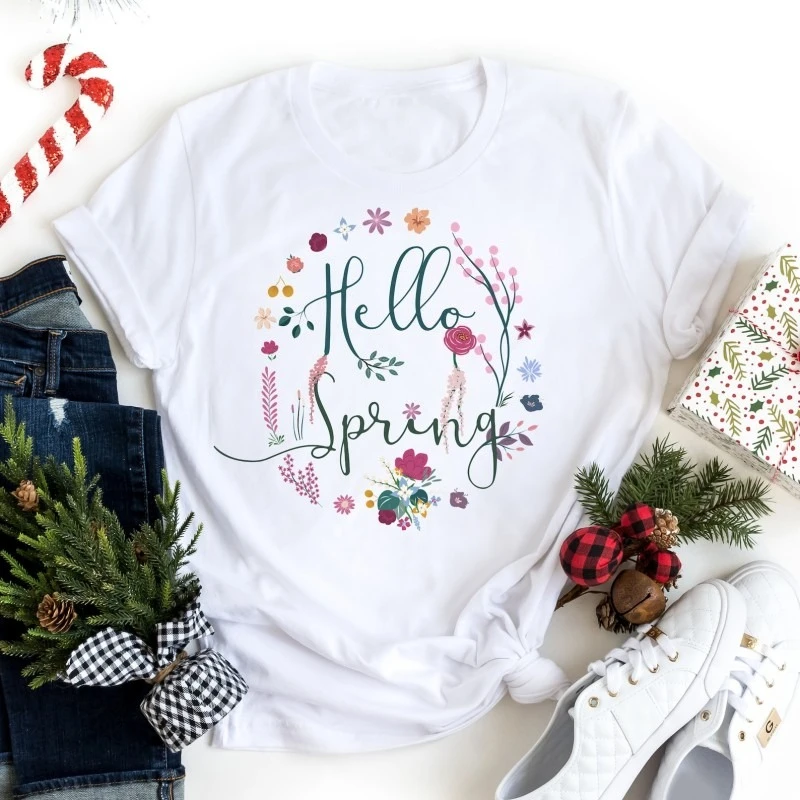 Hello Spring T Shirt Women Floral Wreath Wildflower Print Spring Casual Tops Streetwear Daily Wear Fashion Botanical Ladies Top