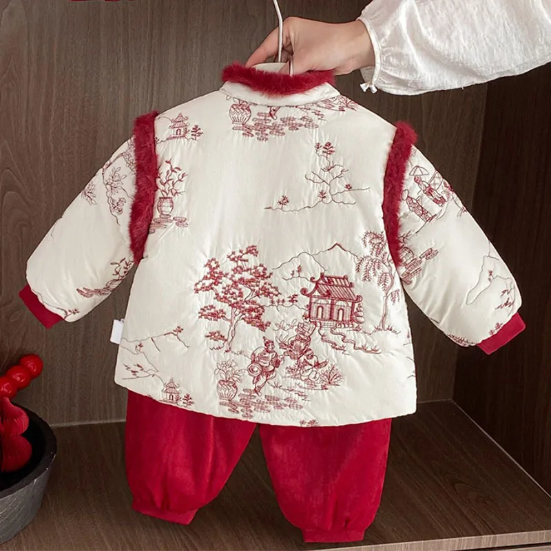 Winter Toddler Boy Outfits Chinese New Year Embroidery Flower Fleece Warm Thick Tops+Pants Baby Clothing Sets Newborn Items B371