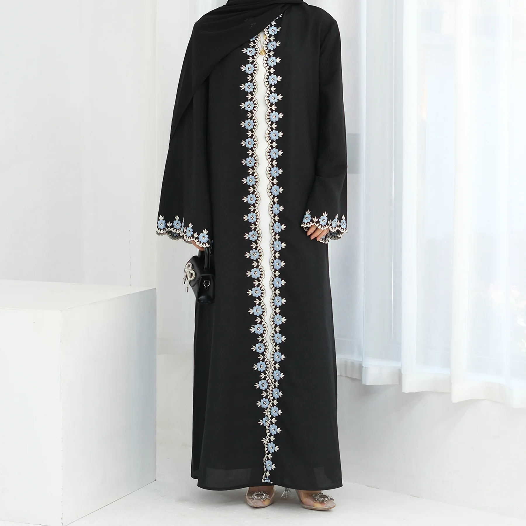 Eid ramadan flor bordado abayas para mulheres vestido muçulmano dubai aberto abaya turquia kaftan kebaya caftan marocain femme robe novo