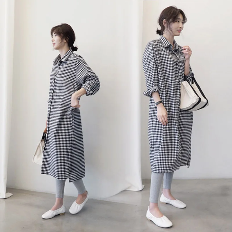 Nouvelle veste longue en coton et lin à carreaux pour femmes 2024, style coréen, ample, mi-longue, col boutonné