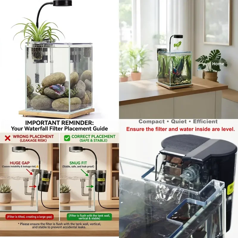 2.5 Gallon 5W Rectangular Nano Aquarium Kit Glass Base LED Light Hanging Filter Hydroponics Compatible Lid for Betta Shrimp