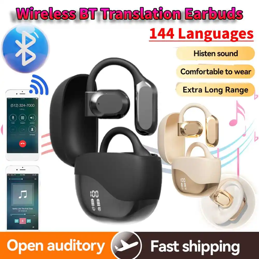 Real Time AI Translator Earbuds Bluetooth5.4 Ear Hook Translation Headphone Smart Voice Translator Headset for Business Travel