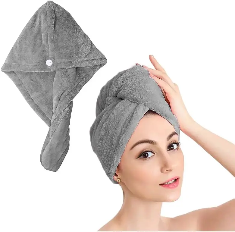 Hair Towel Wrap, Grey, Quick-Dry Hair Turbans for Wet Hair, Hair Wrap Towel with Button