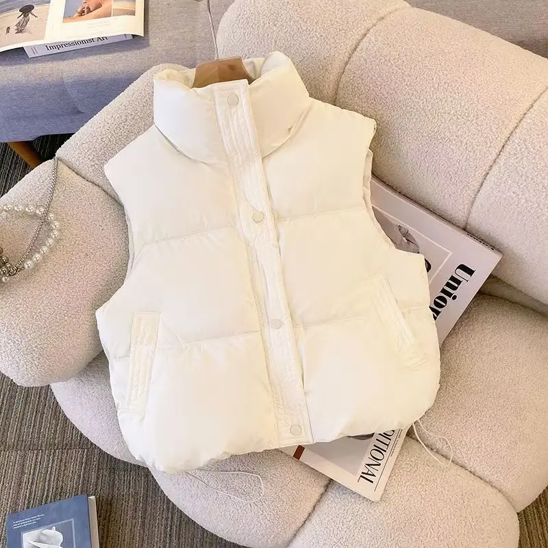 Winter Down Sleeveless Vest Casual Women Warm Zipper Stand Collar Jacket Casual Tops Solid Color Fashion Coats Street Outerwears