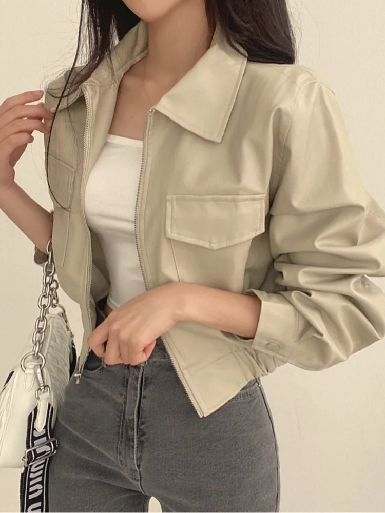 Sli ort Sve Leather Jaet Cappotto da donna chic autunnale con design con cerniera Colletto doppio ket lungo Sve Faionable