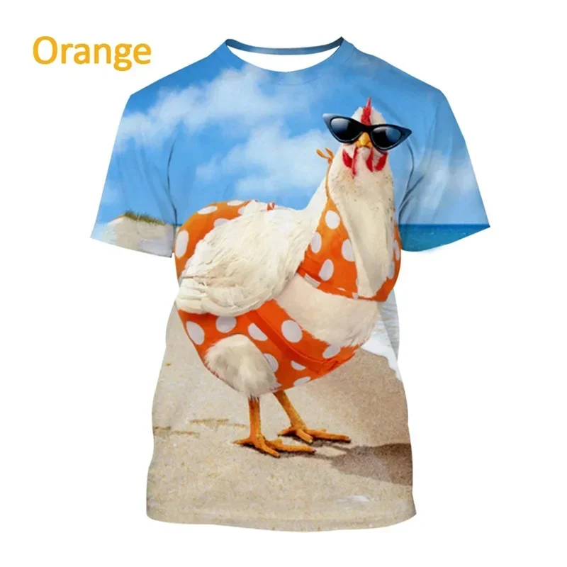 Men\'s and women\'s 3D chicken print T-shirt, round neck loose short sleeved shirt, summer fashion