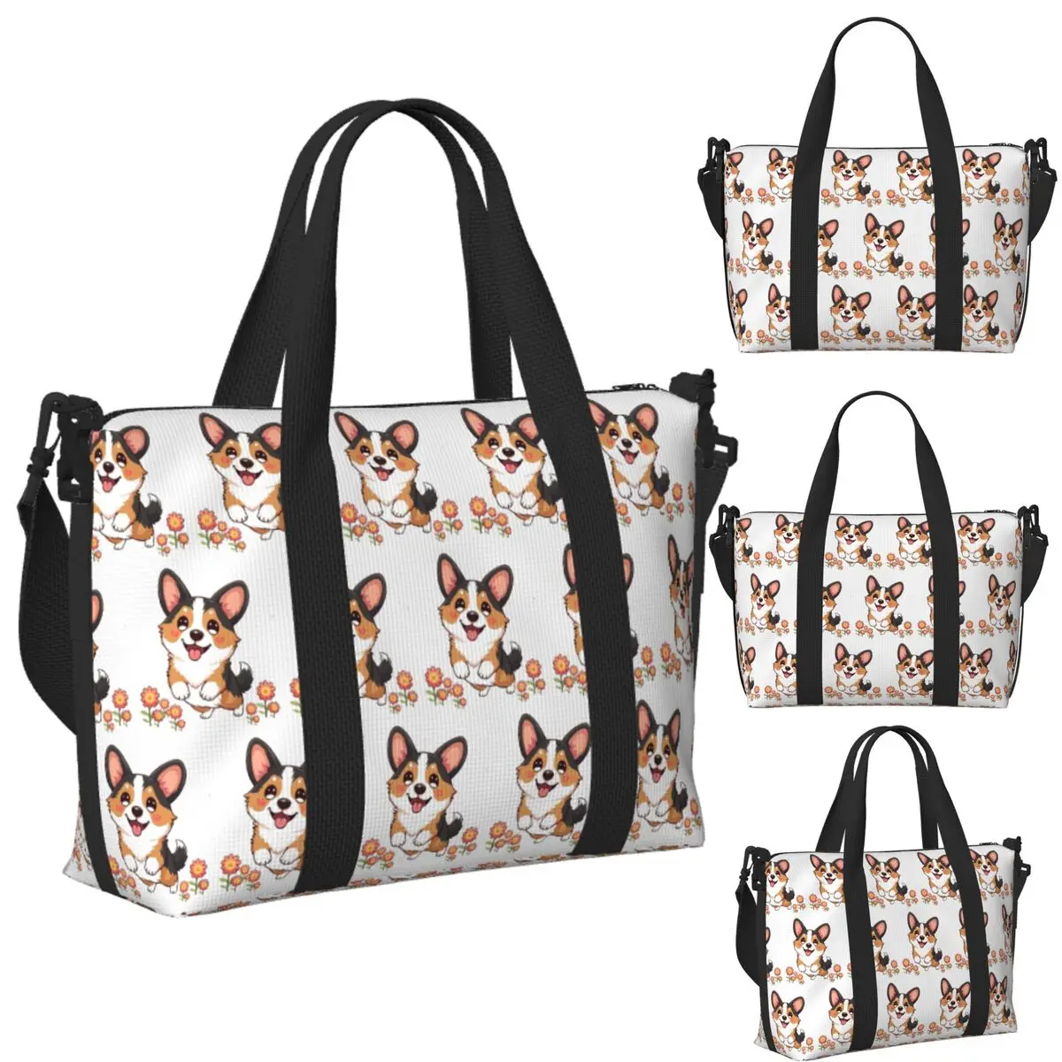 

Custom Kawaii Tricolor Corgi In The Garden Beach Travel Bag Tote Bags for Gym Sport Women Shopping Duffle Shoulder Bag