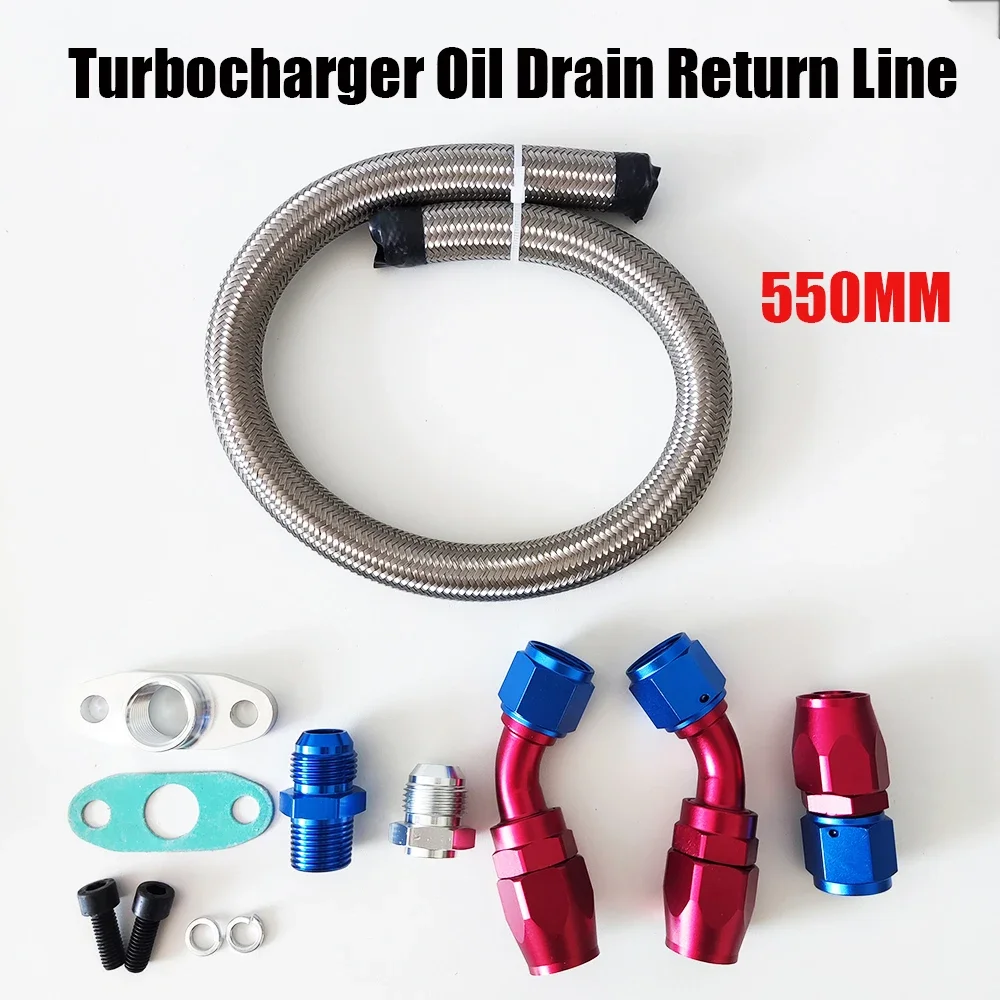 

AN10 Oil Feed Line Oil Drain Return Line Complete Kit for T3 T4 T3/T4 T70 T66 Silver Tubing&Red/Blue Connectors Kit Universal