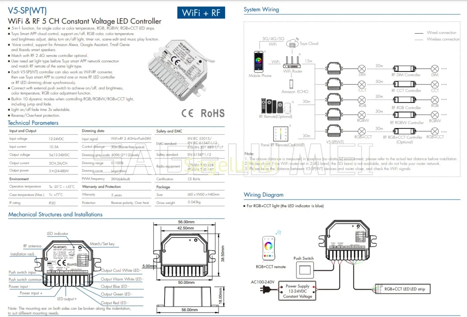 V5-SP WiFi&RF CV LED Controller Skydance 5 in 1 V5-SP(WT) Tuya App Push Dim for Single Color/CCT/ RGB/ RGBW/ RGB+CCT LED Strip