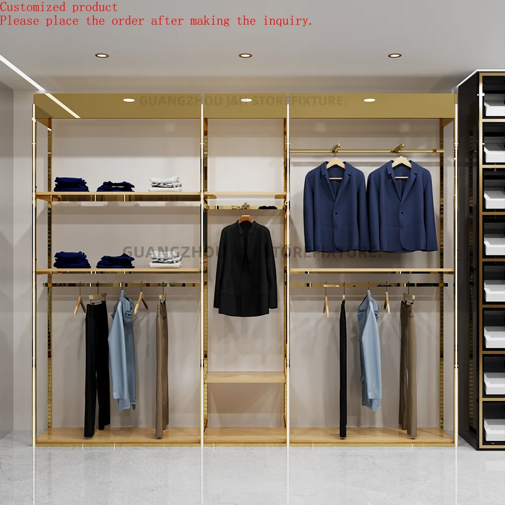 

Stainless Steel Texture Clothes Shop Display Rack Custom Logo Metal Clothes Hanging Shelves Stand for Man Shop