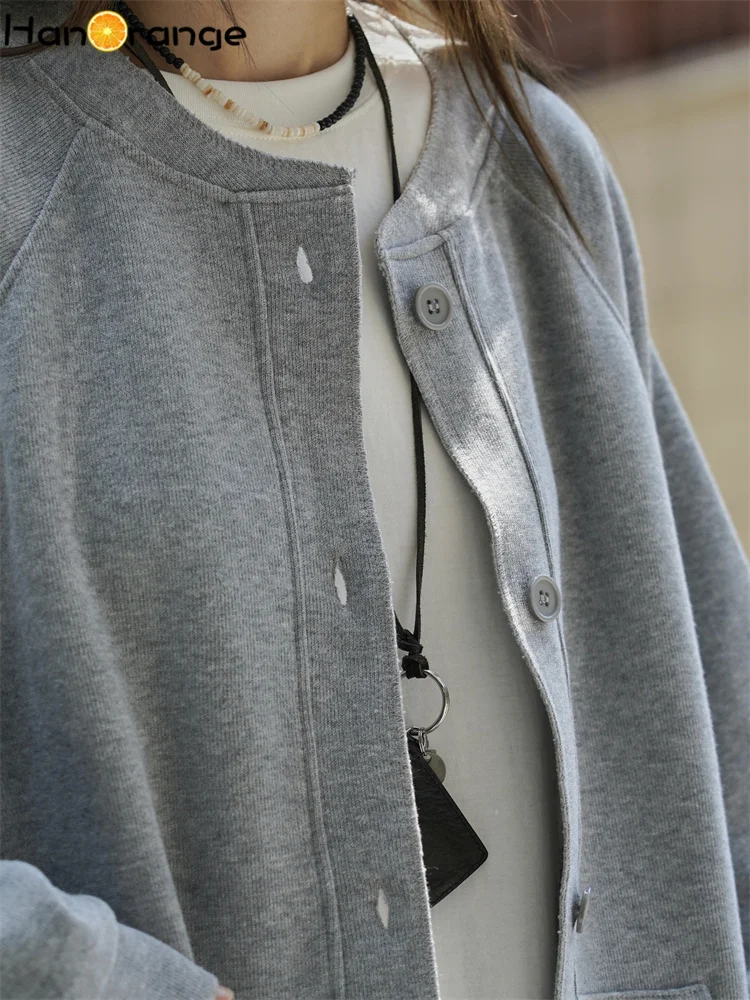 HanOrange 2025 Early Autumn Casual Off Shoulder Baseball Collar Cardigan Sweatshirt Women Soft Sticky Stacked Top Grey/Purple