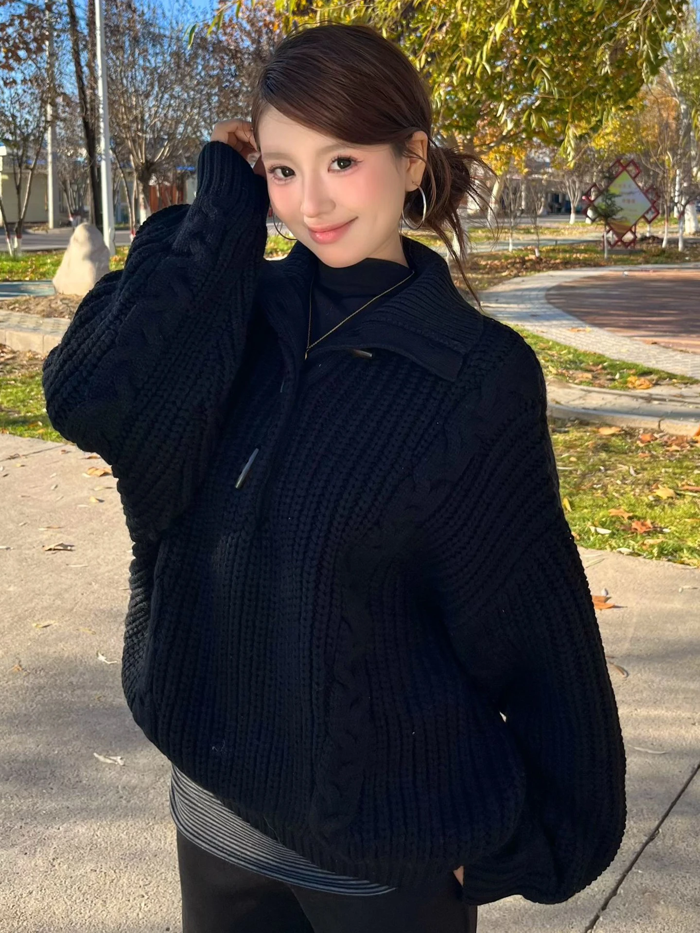 

Korean Sle Loose Thiened Long Sve Knitted Sweater Women's Bla Turn-down Collar Coat-sle Inner Wear for Autumn Winter