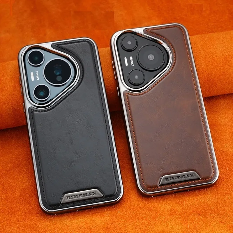 Vintage Leather Case for Huawei Pura 80 Ultra Pura 70 Pro+ 90Pro Max Retro Shockproof Business Electroplated Protection Cover
