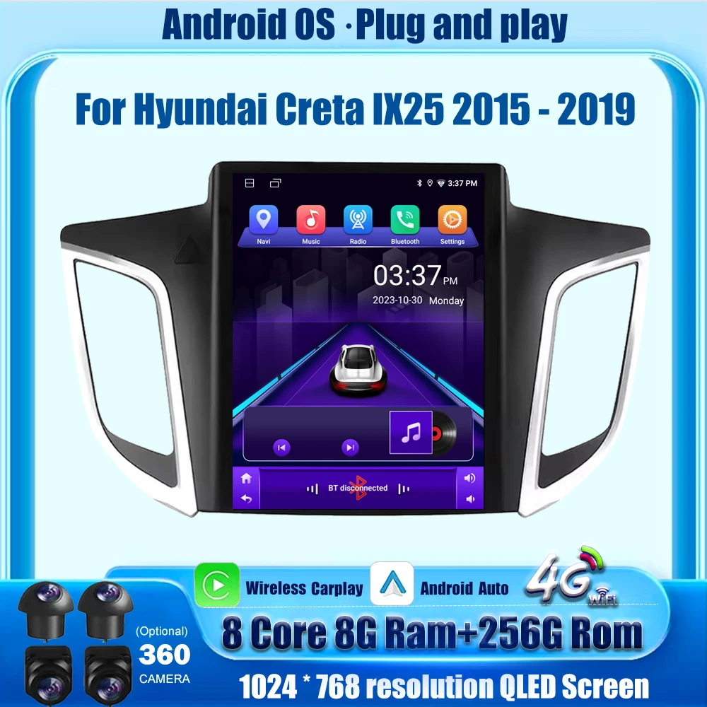 Android Auto For Hyundai Creta IX25 2015 - 2019 Car Radio Multimedia Player GPS Navigation BT DSP Carplay 360 Camera 9.7 Inch