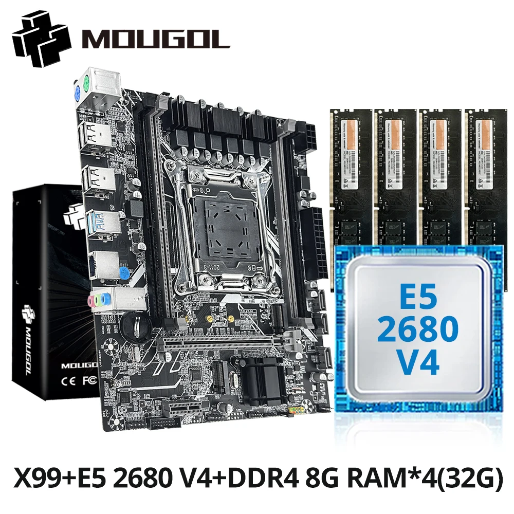 MOUGOL X99 Motherboard Kit With LGA2011-3 Xeon E5 2680 V4 CPU DDR4 32GB (4*8GB) 2133MHz RAM Memory NVME M.2 SATA for Gaming PC