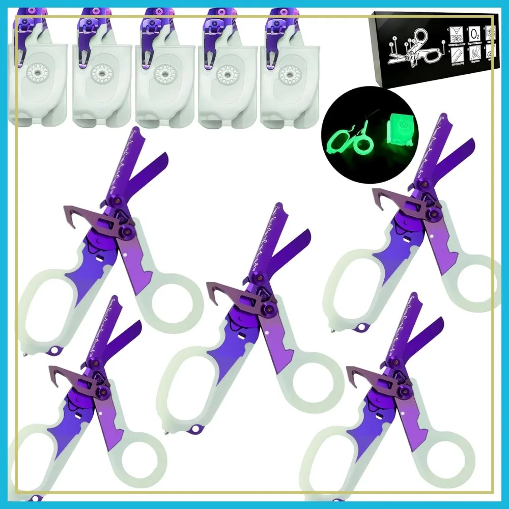 

6 in 1 Multi-function Trauma Shears with Strap Cutter and Glass Breaker, Luminous Holster (Purple) - 5 Pack