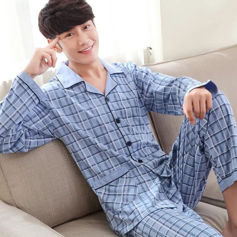 Men's Spring And Fall Cotton Pajamas Long-Sleeved Cotton Home Wear Casual Outwear Big Yards Boys Home Wear Suit