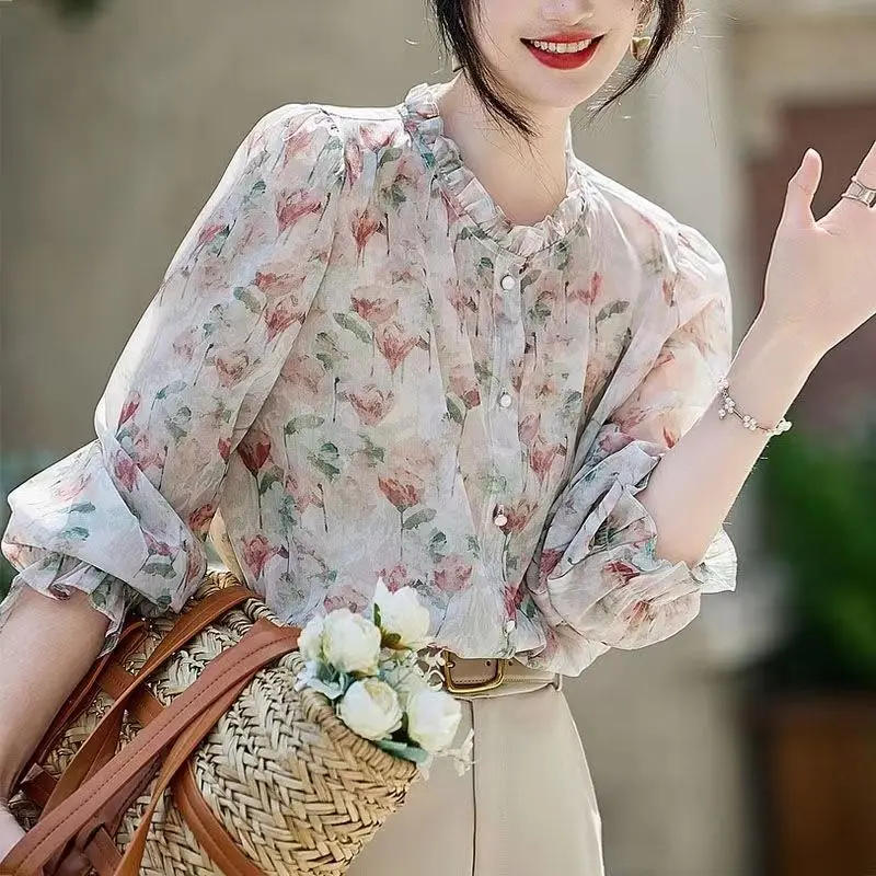 New Women French Style Vintage Floral Print Shirts Elegant Ruffle Long Sleeve Chiffon Blouse Casual Stand Collar Loose Chic Tops