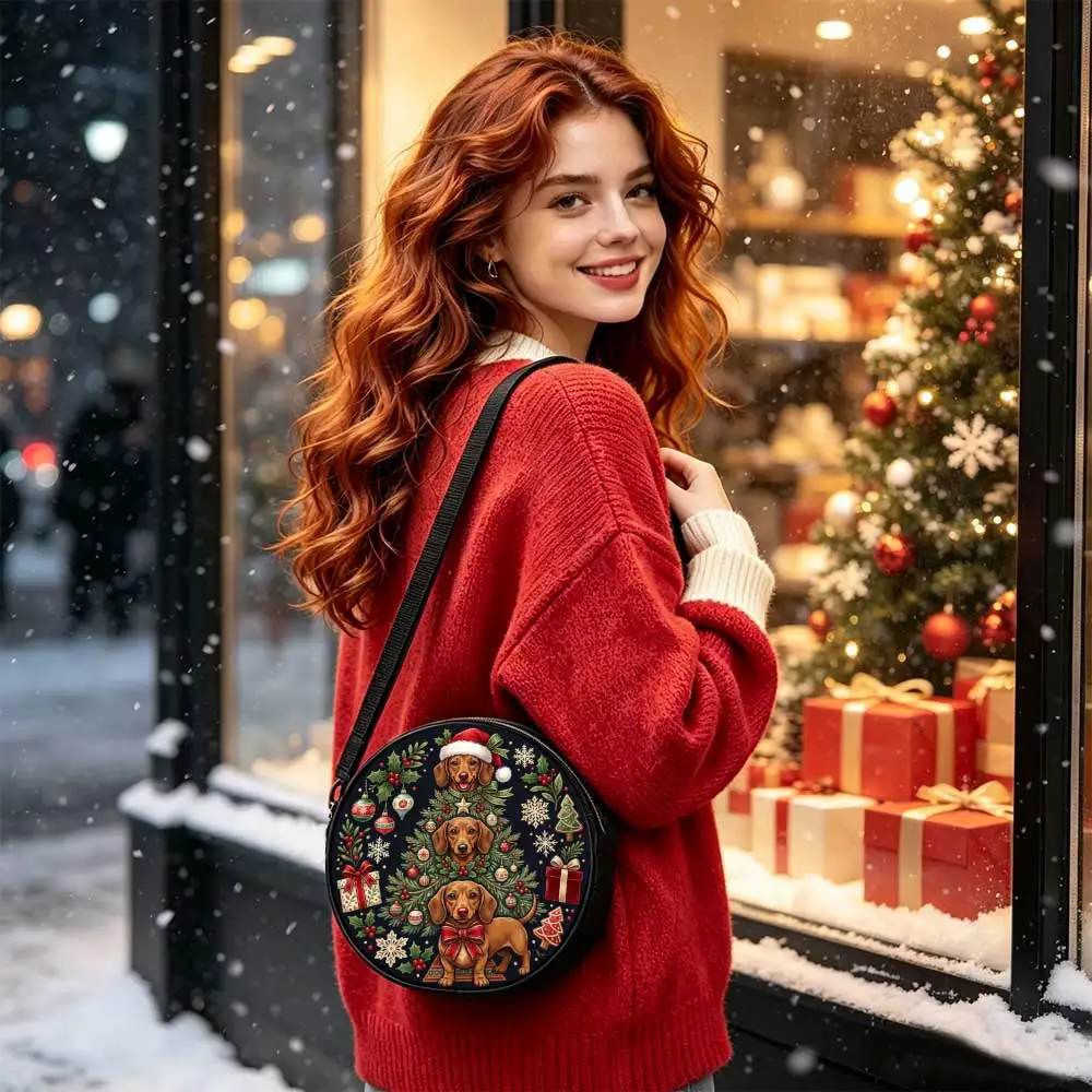 Christmas Dachshund Tree Decorations Print Round Women Shoulder Bag, multi-scene daily handbag, simple band, sweet gift