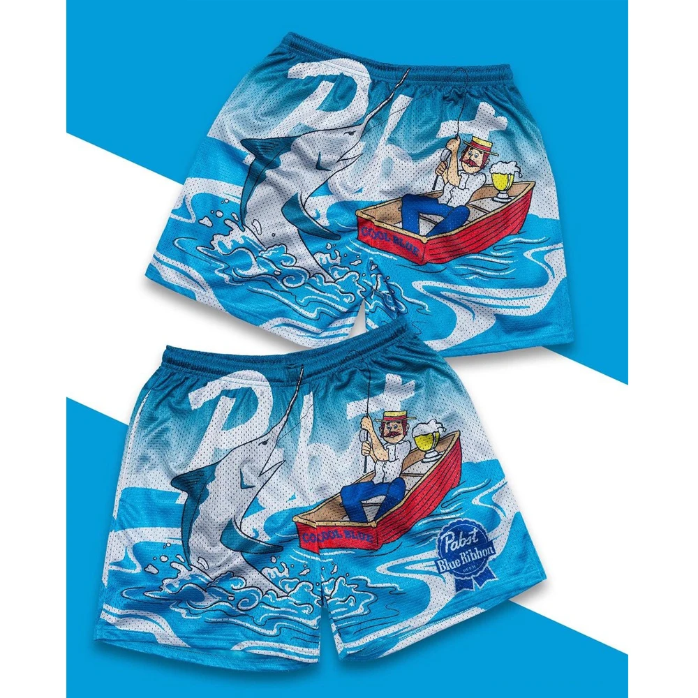 Blue Ribbon American Retro Cartoon Illustrations Fishing Shorts Men's Casual Shorts Summer Beach Shorts Breathable Quick-drying