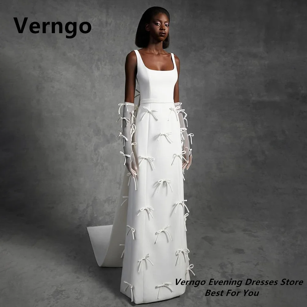 Verngo lvory Crepe ชุดราตรีโบว์สปาเก็ตตี้ Strapless อย่างเป็นทางการชุดสแควร์คอผ้าคลุมไหล่พรหมชุดที่กําหนดเอง