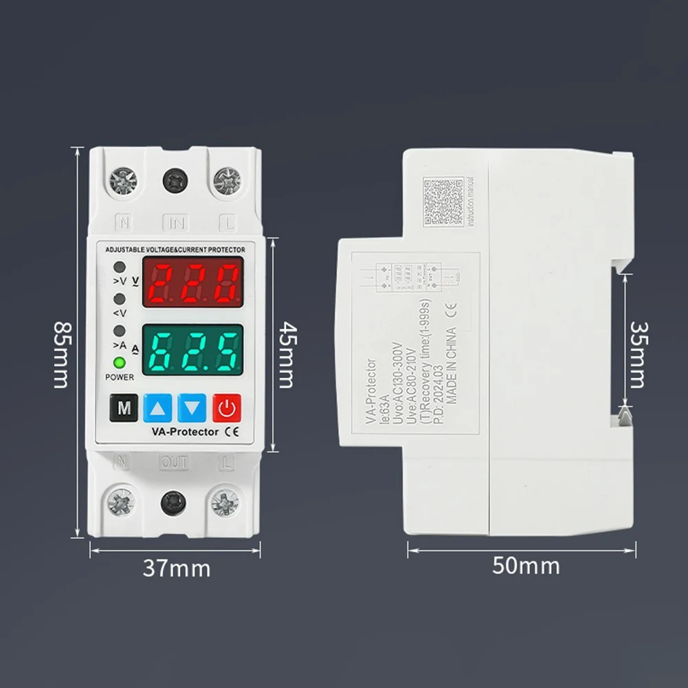 Adjustable Voltage Protector AC 230V 40A/63A With Dual LCD Display, Over Under Current Protection Auto Recloser For DIN Rail