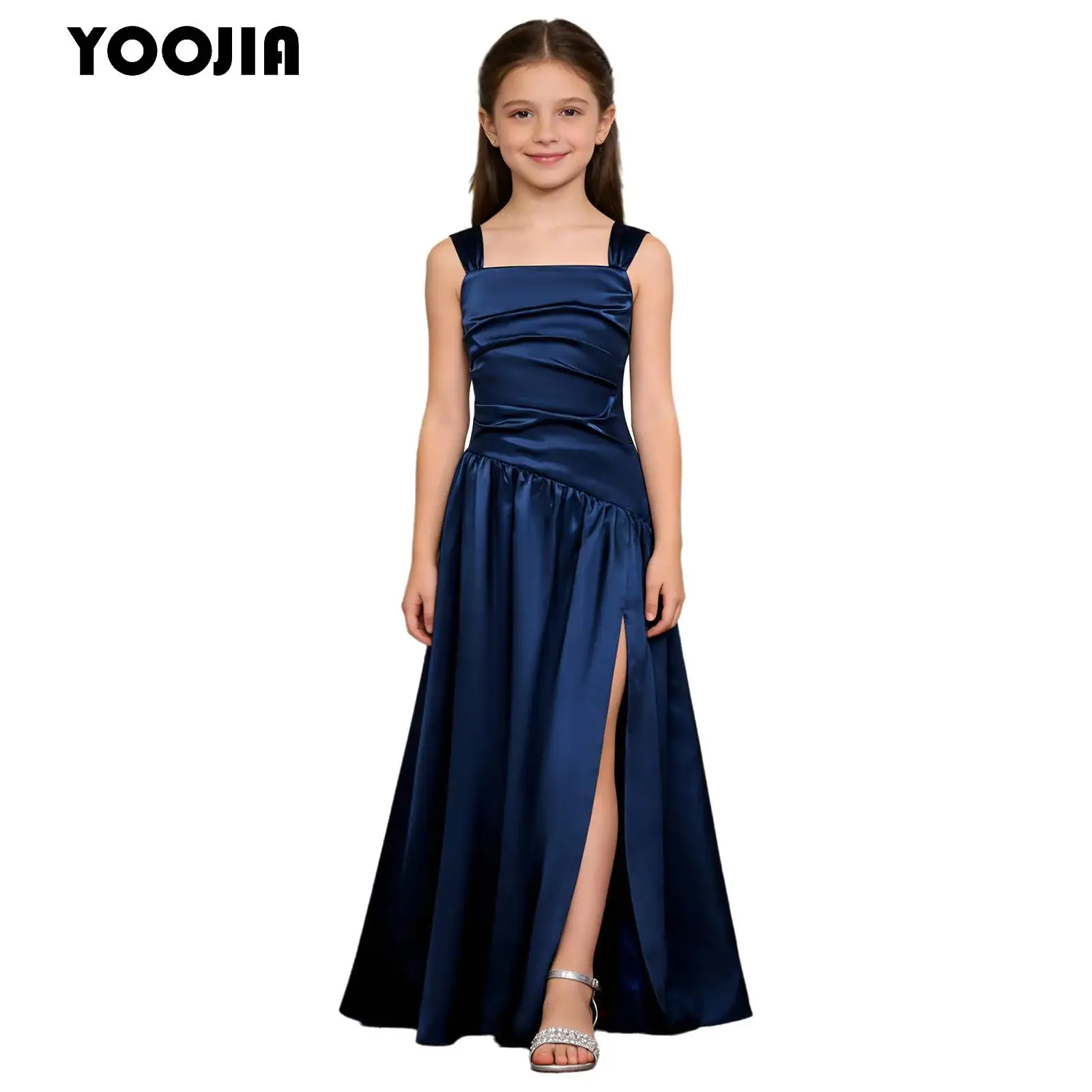 Girls Bridesmaid Dresses Kids Wedding Satiny Party Gown Sleeveless Ruched Bodice Asymmetrical Side Split Princess A-line Dress