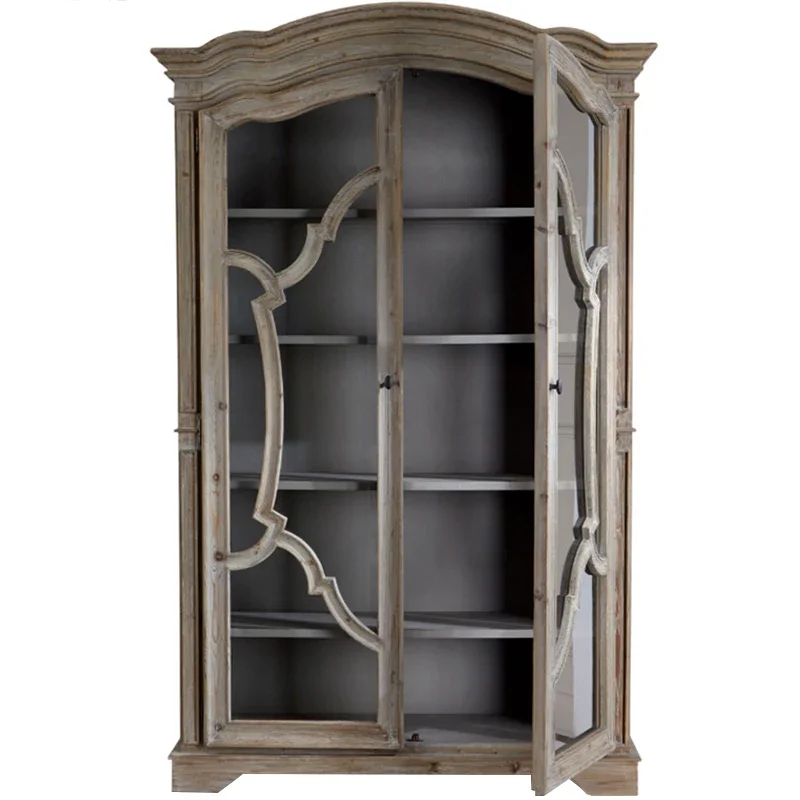 

ls 27 French retro old oak side cabinet weathered gray solid wood glass door display wine cabinet against the wall