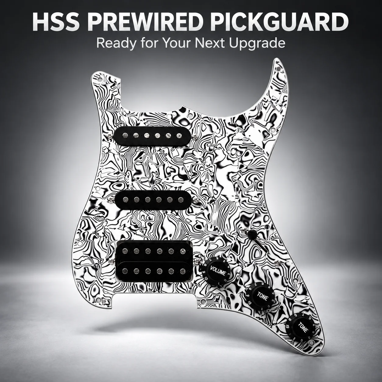 Black White Abstract HSS Prewired Pickguard for ST/SQ Style Electric Guitar, 2 Single-Coil Pickups, Humbucker, 5-Way Switch