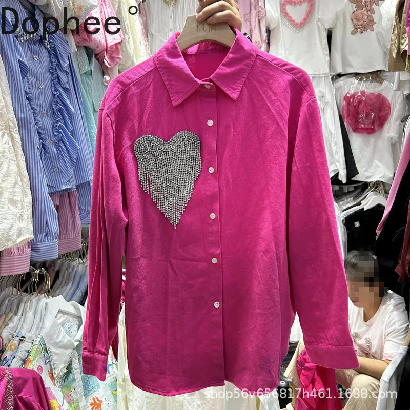 

Solid Color Autumn Long Sleeve Women Shirts All-match Single-breasted Loose Cardigans Top Love Diamonds Casual Cotton Blouses