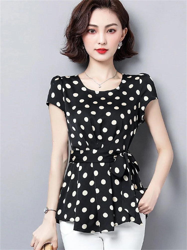 Women Casual Summer Style Chiffon Blouses Shirts Lady Short Sleeve O-Neck Polka Dot Printed Blusas Tops DF2824