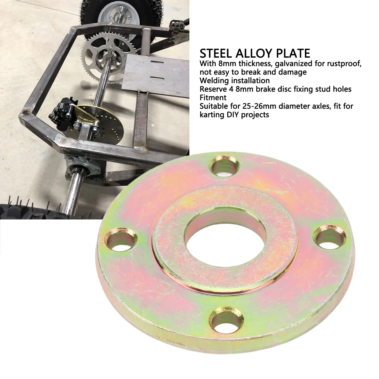 

Тормозной диск для картинга, стальная сплавная втулка 26 мм, 4 шпильки, адаптер-пластина для крепления тормозного диска, для осей диаметром от 25 до 26 мм